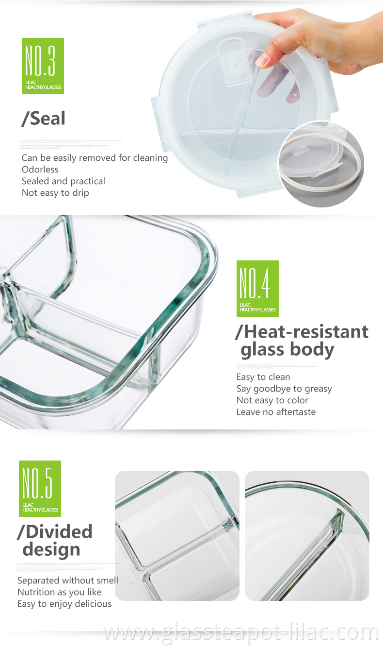 Lilac FREE Sample 900ml/1000ml homes microwave safe thermal hot insulated clear glass air tight 3 compartment food container